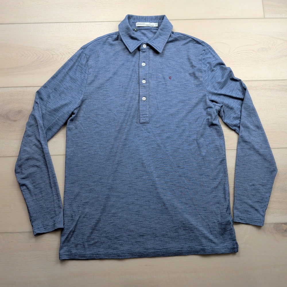 Criquet Long Sleeve Polo Shirt Mens M Blue Heathered Cotton Blend Golf